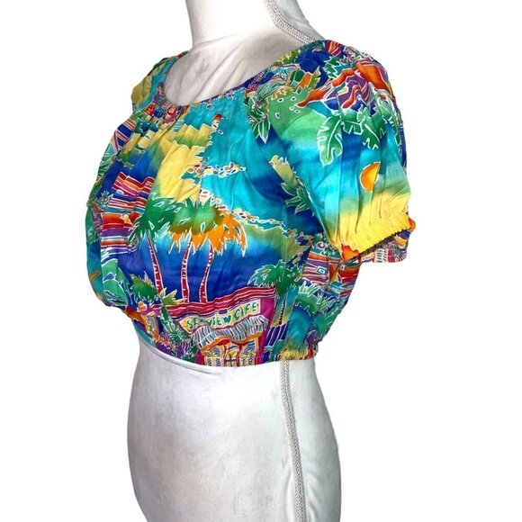 Explosive Womens Crop Top Size Small Vintage Tropical Print Off The Shoulder USA - Picture 3 of 13